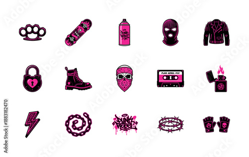 Flat Vector Magenta Grunge Punk Rock Graphic Element Kit for Alternative Rebel Streetwear Apparel