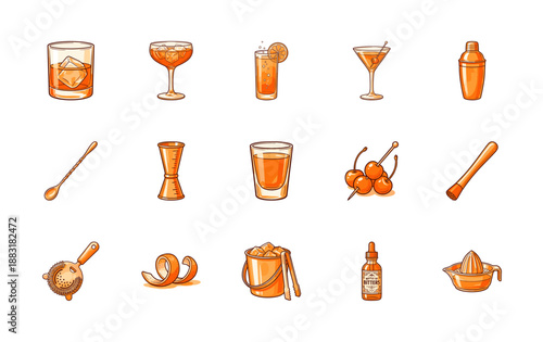 Amber Vintage Hand-Drawn Cocktail Mixology Graphic Element Set for Speakeasy Bar Branding