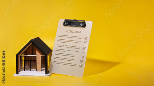Valokuva Modern house model with approved checklist clipboard on yellow background for real estate concept