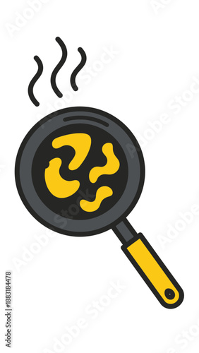 Vibrant Illustrated Cooking Pan Depicting Freshly Prepared Food, Artistic Vector Illustration