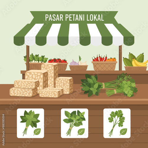 Vibrant Farmers Market Stall Showcasing Fresh Produce and Traditional Indonesian Delicacies