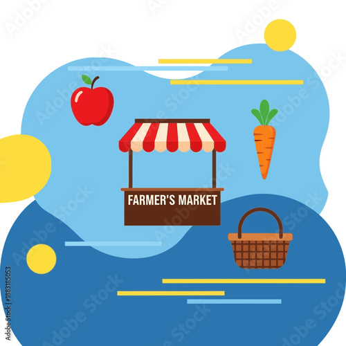Vibrant Farmers Market Stall With Fresh Produce Illustration And Colorful Design Elements