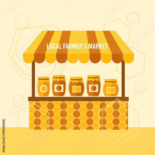 Vibrant Farmers Market Stall Showcasing Freshly Harvested Honey Jars in Appealing Display