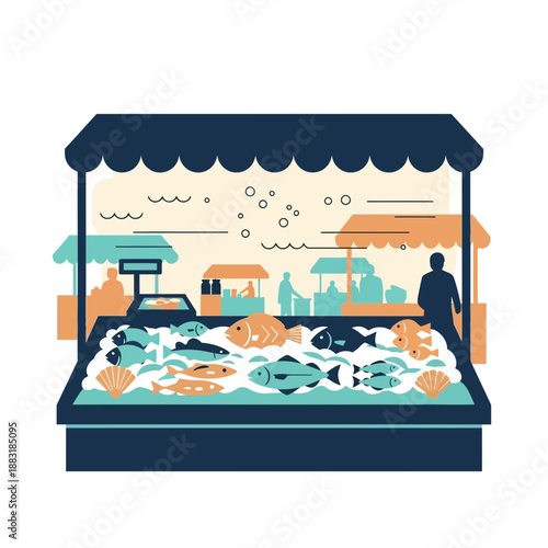Vibrant Fish Market Illustration Showcasing Fresh Seafood And Lively Trading Scene