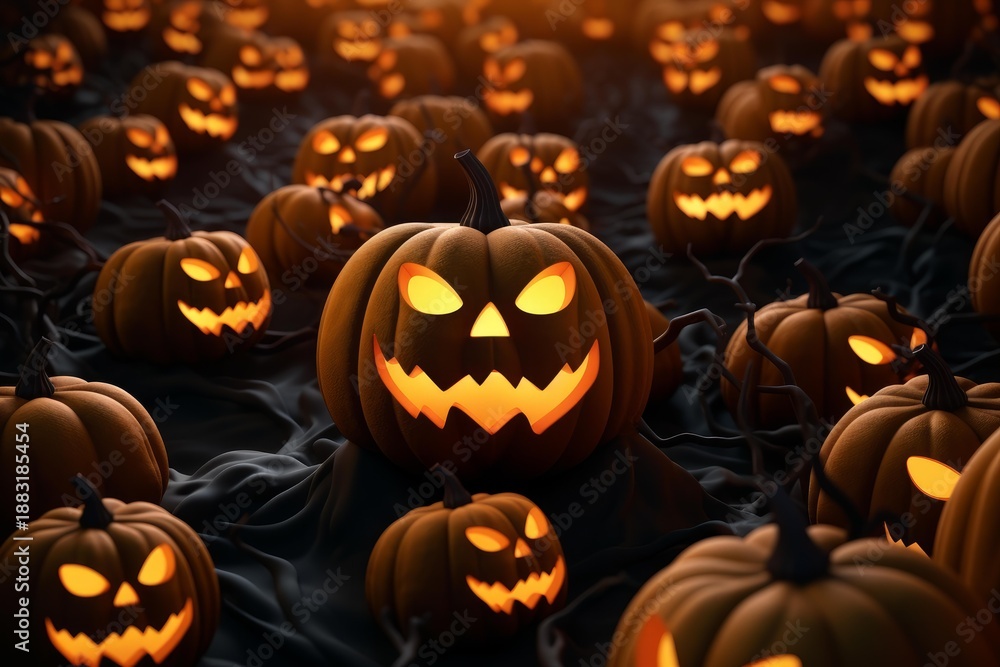 Fototapeta premium Jack o lanterns with carved glowing faces sitting on dark ground during halloween night