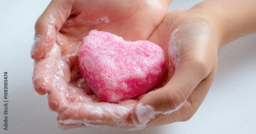 Fototapeta premium The heart-shaped soap cradled in soapy hands with gentle lather