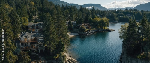 Aerial shot of high-end residences with scenic Indian Arm view in Woodhaven, Vancouver, BC, Canada during sunny weather