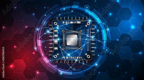 Microchip processor circuit board technology on dark blue background. Information Processing Concept. Circuit board hi-tech technology background. vector illustration