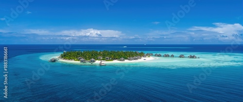 Wallpaper Mural Spectacular aerial scene featuring a luxury tropical resort with water villas, island beach, palm palms, and clear blue sky Torontodigital.ca