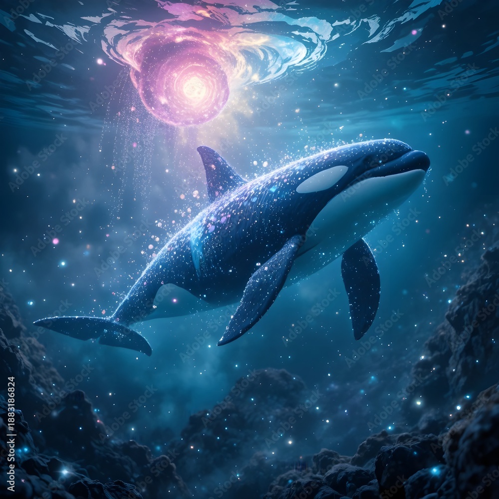 Fototapeta premium Celestial Orca Swimming Beneath a Cosmic Ocean Portal