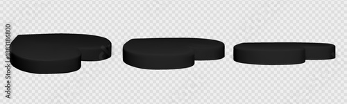 Heart podium set of black 3d platform and love shape for valentine product display. Pedestal stand with realistic shadow on background. Vector isolated stage mockup for cosmetic showcase design