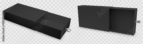 Slide drawer box mockup with black gift sleeve and luxury packaging presentation. Corporate 3d cardboard pull case open top view and realistic design. Isolated vector template for jewelry wrapper