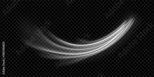 Air breeze with cool wind effect and fresh flow for conditioner background. White wave stream with realistic motion and clean texture on black. Vector graphic png with neon shine overlay for display