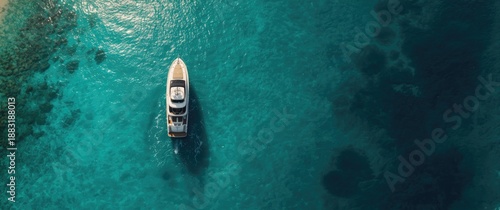 Aerial shot of a white luxury yacht floating on crystal-clear turquoise sea