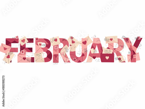 February Design with Heart-Shaped Letters and Valentine's Day Theme for Greeting Cards and Invitations