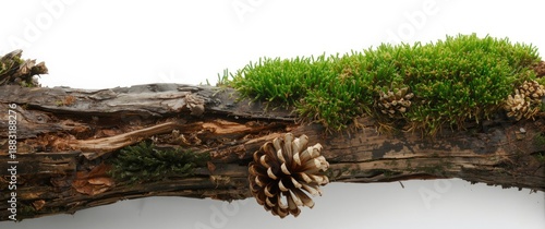 Isolated white background featuring green moss, decayed bark, and dry pine cones from the side