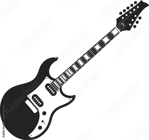 Electric guitar silhouette, black and white rock instrument vector illustration, music band design element, isolated on white background.