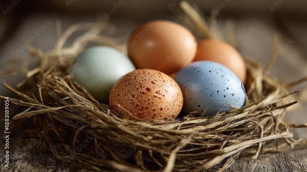 Obraz premium Close-up of eggs resting on a weathered wooden table with straw
