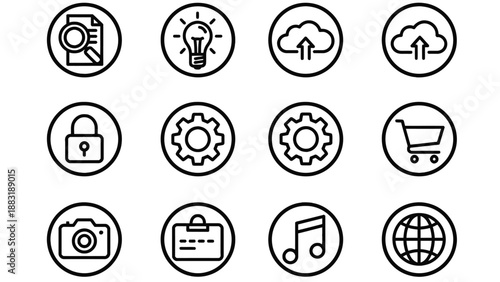 A collection of various icons on a white background for business and technology use