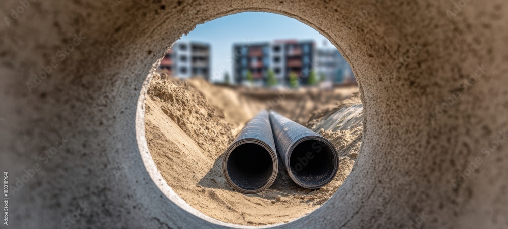 Fototapeta premium The pipes in a sandy construction trench framed by a concrete culvert