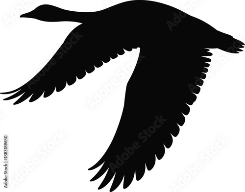 Flying duck silhouette, black bird in flight vector illustration, wildlife waterfowl icon, isolated on white background design