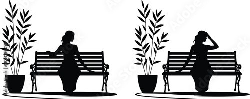 Woman sitting on park bench silhouette, lonely female relaxing outdoors, black vector illustration, nature background, isolated white