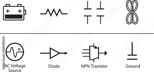 Essential Circuit Symbols Featuring Battery, Resistor, Capacitor, Inductor, AC Source, Diode, Transistor, and Ground for Electronics Diagrams