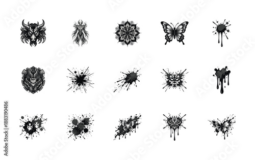Stippled Gothic Engraving and Ink Splatter Graphic Element Kit for Dark Fantasy Tattoo Branding
