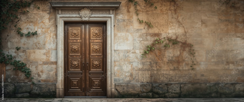 Fototapeta premium A historic bronze door featuring detailed star patterns, embedded in a refined stone frame