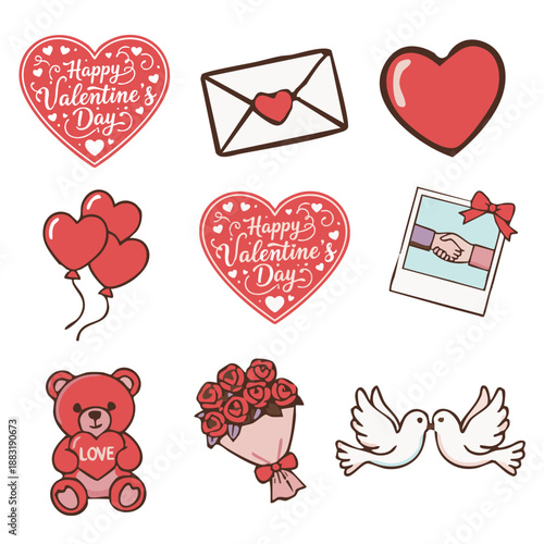 Collection of Valentine's Day doodle elements featuring hearts, teddy bear, love letter, roses, balloons, and cute kissing doves