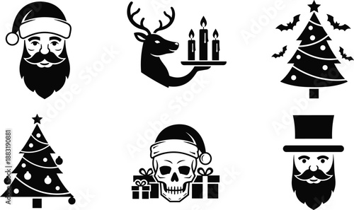 Christmas and Halloween hybrid icons set featuring Santa skull reindeer candles spooky trees minimalist black vector illustration for holiday designs