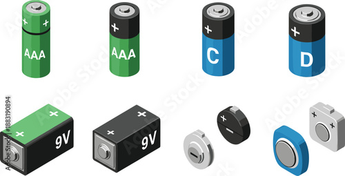 Isometric Battery Collection Featuring AAA, C, D, 9V, and Coin Cell Types with Polarity Markings and Color Variations