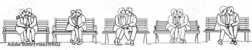 line art of a old couple kissing intimately on a park bench