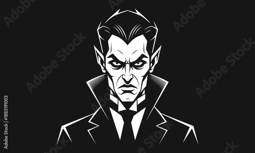 Dark vampire portrait illustration gothic horror character with sharp features dramatic lighting spooky Halloween vector art style silhouette design poster