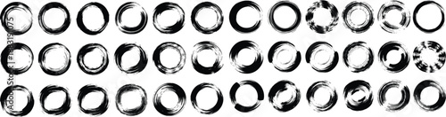 Black circular brush strokes vector set. Grunge ring shapes and rough paint circles for abstract design, logos, frames and modern creative backgrounds.
