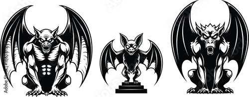 Gothic gargoyle and bat demon statues vector illustration set dark fantasy horror creatures for Halloween tattoo logo design art collection