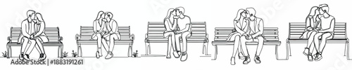 line art of a couple kissing intimately on a park bench
