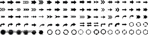 Black arrow icons and circular loading symbols vector set on white background. Modern navigation pointers, direction signs. Perfect UI elements for websites, apps and infographics.