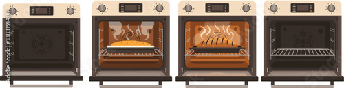 Sequential Oven Illustrations Depicting Bread Baking Process from Empty Oven to Rising Steam and Finished Loaf Removal