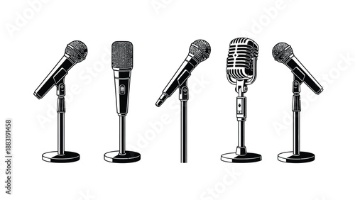 A set of vintage and modern microphones on stands against a white background
