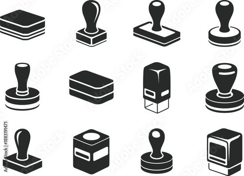 Rubber stamp icons set, black silhouette office stamp collection, approval seal symbols, isolated vector illustration, business stationery design elements