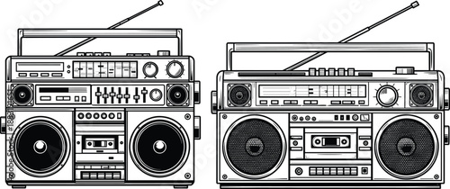 Side-by-Side Vintage Boombox Illustrations Featuring Dual Speakers, Cassette Decks, Antennas, Sliders, Knobs, Buttons, and Retro Audio Design