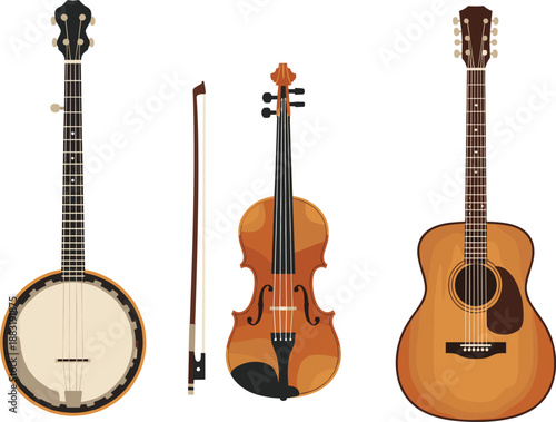 String Instrument Trio Featuring Banjo, Violin with Bow, and Acoustic Guitar Showcasing Diverse Shapes and Musical Traditions