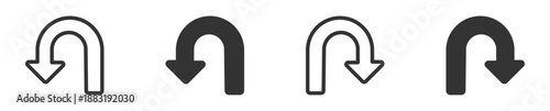 U-Turn Arrow Icon Set. Reverse Direction Symbols. Return Back Sign, Navigation UI, Vector Illustration.