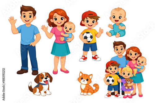Cartoon family with pets and children playing soccer.