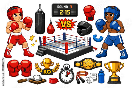 Cartoon boxing match with two male fighters and equipment in arena.