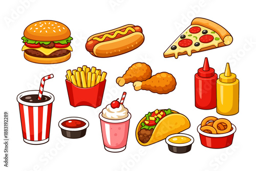Colorful array of fast food items including burger, pizza, and fries.