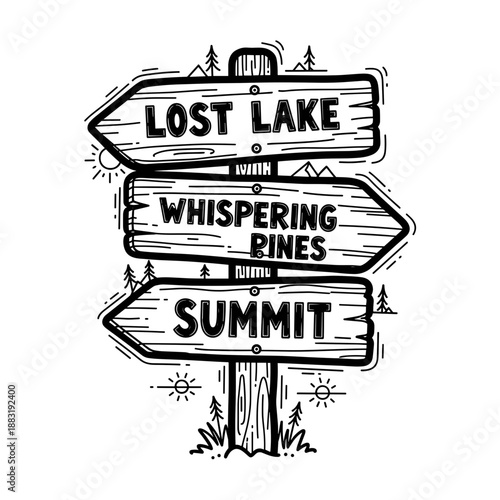 Hiking trail sign with directions to Lost Lake, Whispering Pines, and Summit  
