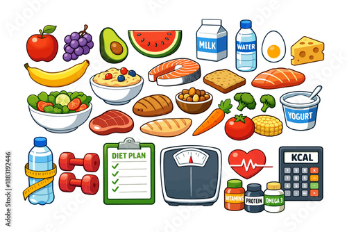 Healthy food and fitness items collection for balanced diet and active lifestyle.