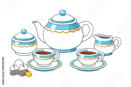 Elegant ceramic tea set with teapot, cups, sugar bowl, creamer, and tea bags.